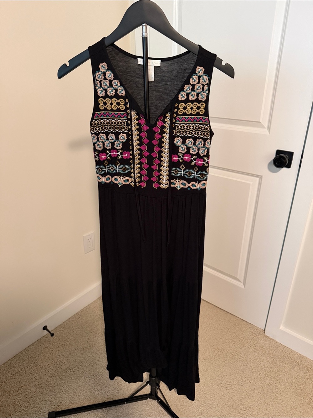 Design History Black Maxi Dress with Pink, Blue & Gold Embroidery